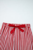 Red Stripe Contrast Velvet Trim Bow Knot Waist 2pcs Pajama Set