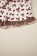 White Chic Bow Cherry Printed Leopard Contrast Patchwork Shirt Drawstring Shorts 2pcs PJ Set