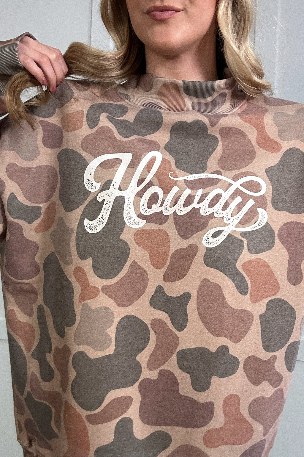 Sky Blue Camo Print Howdy Western Style Baggy Pullover Sweatshirt
