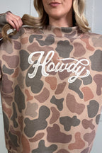 Sky Blue Camo Print Howdy Western Style Baggy Pullover Sweatshirt