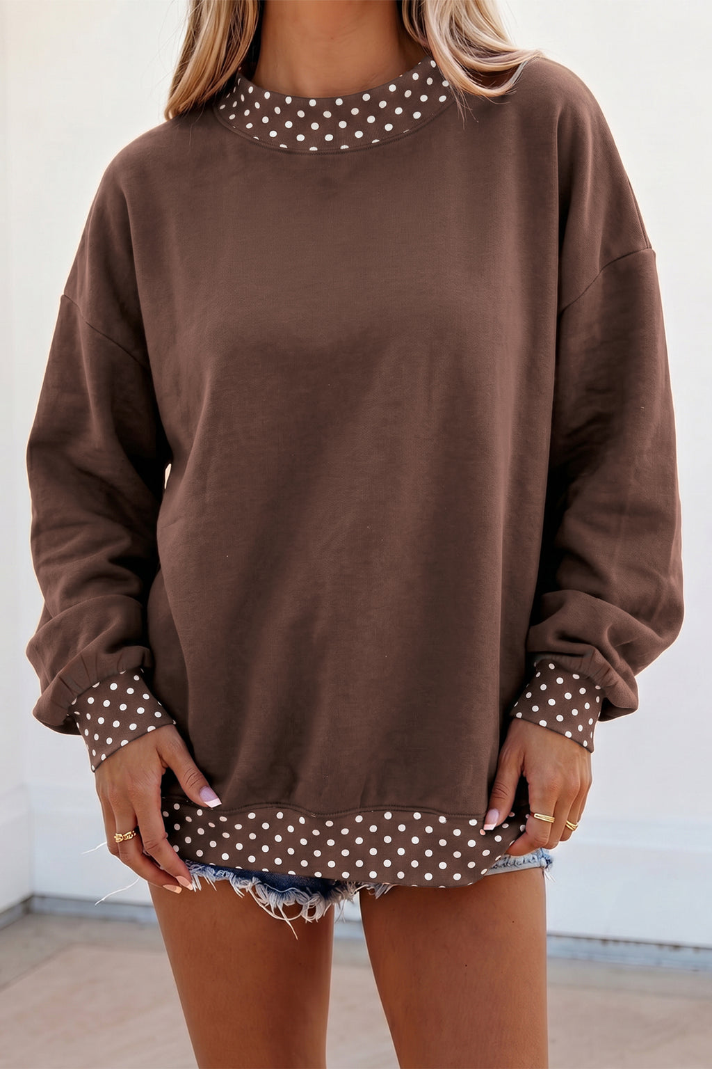 Red Dahlia Colorblock Polka Dot Contrast Trim Oversized Sweatshirt