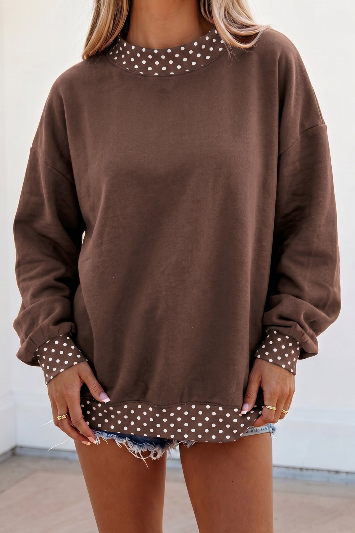 Red Dahlia Colorblock Polka Dot Contrast Trim Oversized Sweatshirt