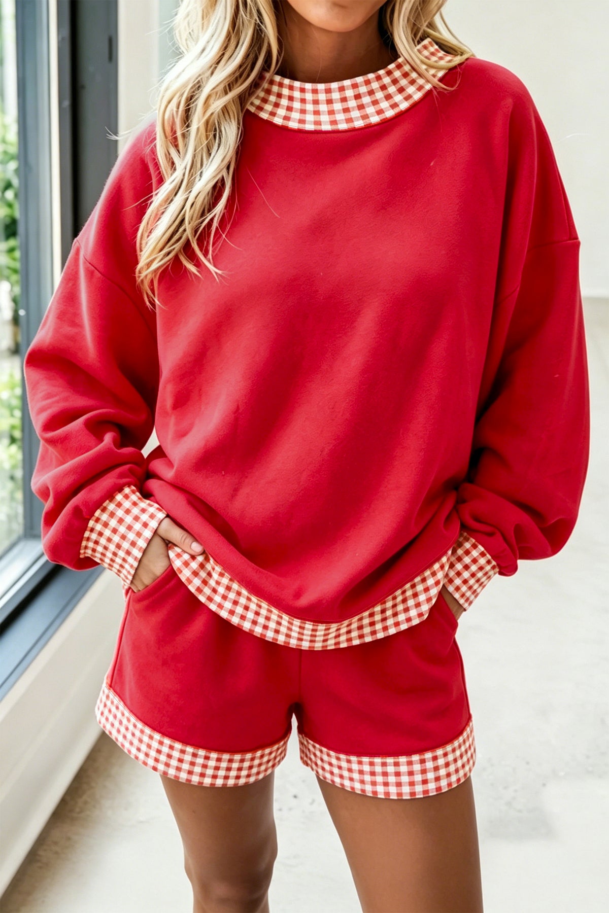 Evergreen Polka Dot Trim Baggy Pullover 2pcs Short Set