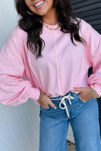 Fiery Red Solid Color Raw Seam Lace Detail Loose Casual Sweatshirt
