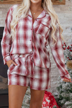 Red Retro Plaid Long Sleeve Shirt Drawstring Shorts 2pcs Lounge Set
