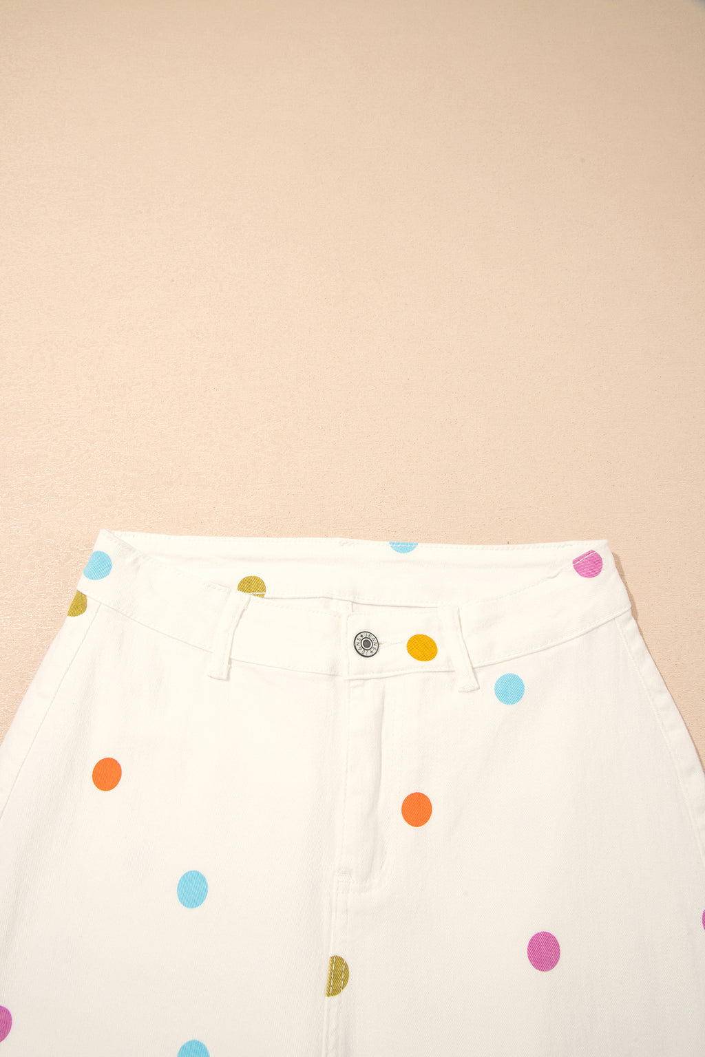 White High Waist Polka Dot Straight Leg Casual Jeans