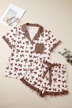 White Chic Bow Cherry Printed Leopard Contrast Patchwork Shirt Drawstring Shorts 2pcs PJ Set