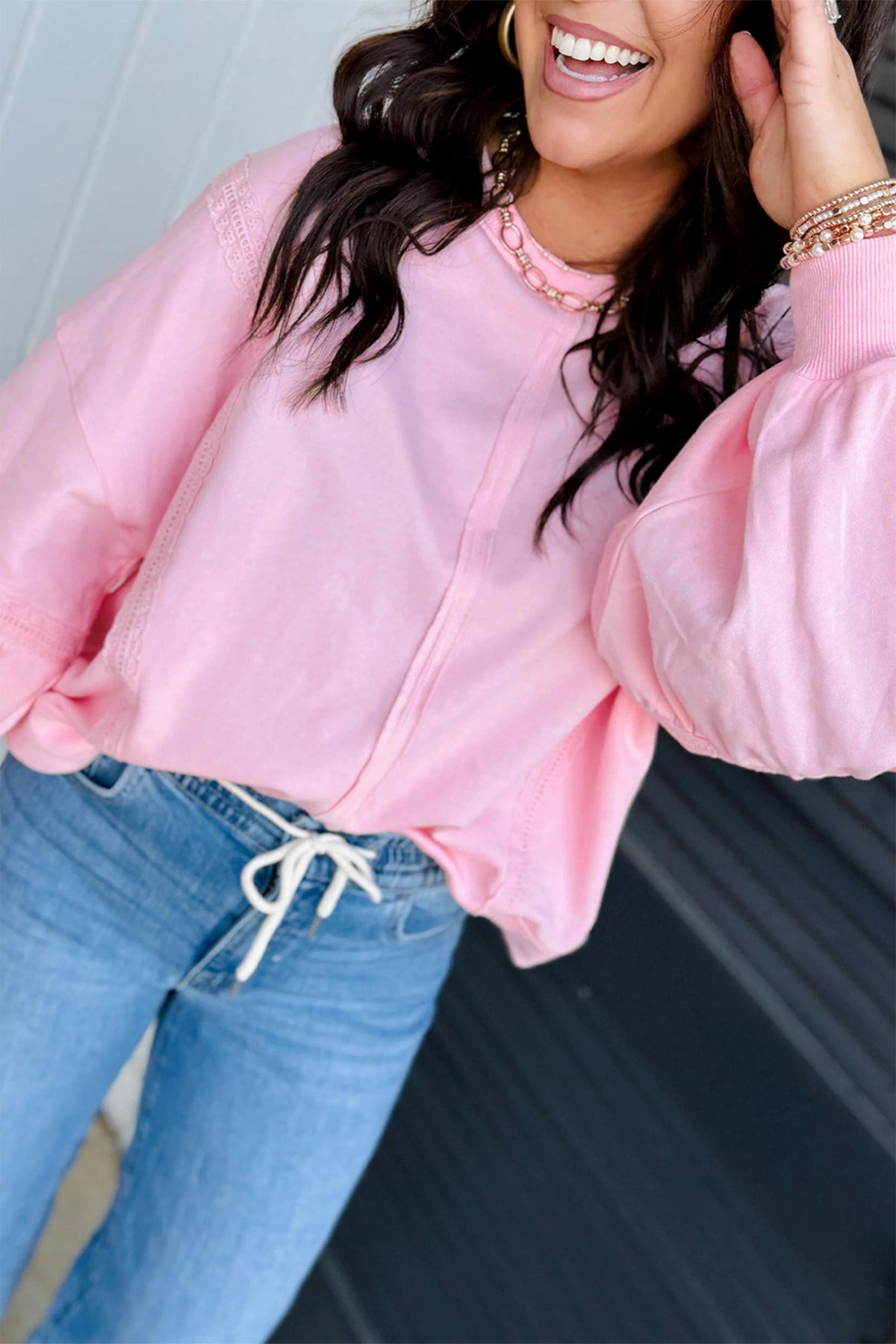 Fiery Red Solid Color Raw Seam Lace Detail Loose Casual Sweatshirt