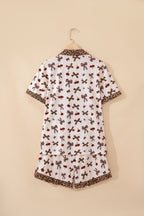 White Chic Bow Cherry Printed Leopard Contrast Patchwork Shirt Drawstring Shorts 2pcs PJ Set