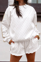 Brown Polka Dot Print Side Stripe Detail Casual Sweatshirt 2pcs Short Set