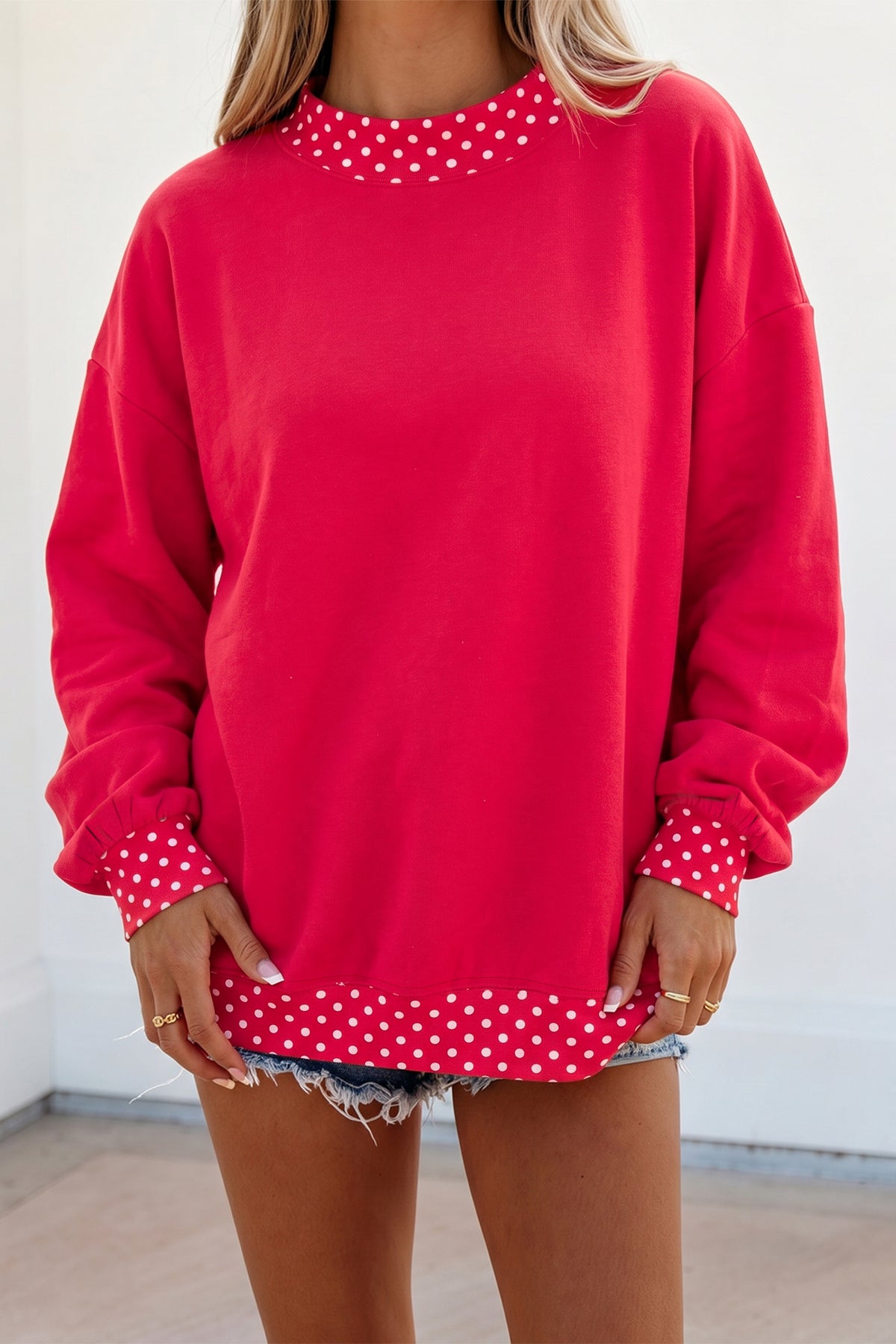 Red Dahlia Colorblock Polka Dot Contrast Trim Oversized Sweatshirt