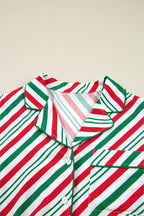Green Stripe Contrast Velvet Ribbon Knot Christmas 2pcs Pajama Set
