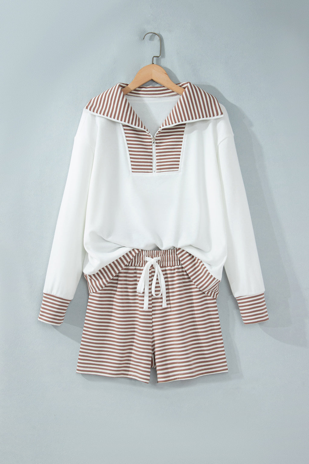 Khaki Stripe Color Block Patchwork Long Sleeve Top Drawstring Shorts Set