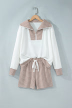 Khaki Stripe Color Block Patchwork Long Sleeve Top Drawstring Shorts Set