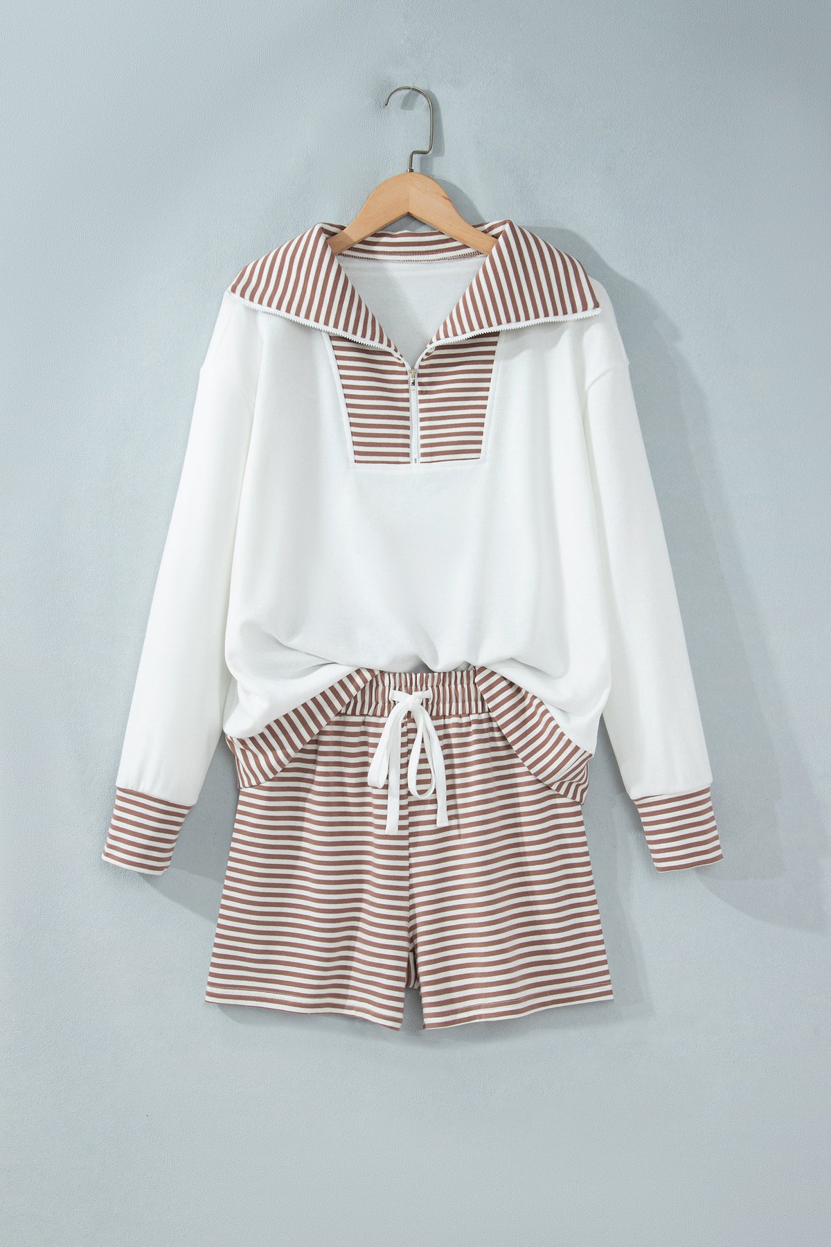 Khaki Stripe Color Block Patchwork Long Sleeve Top Drawstring Shorts Set