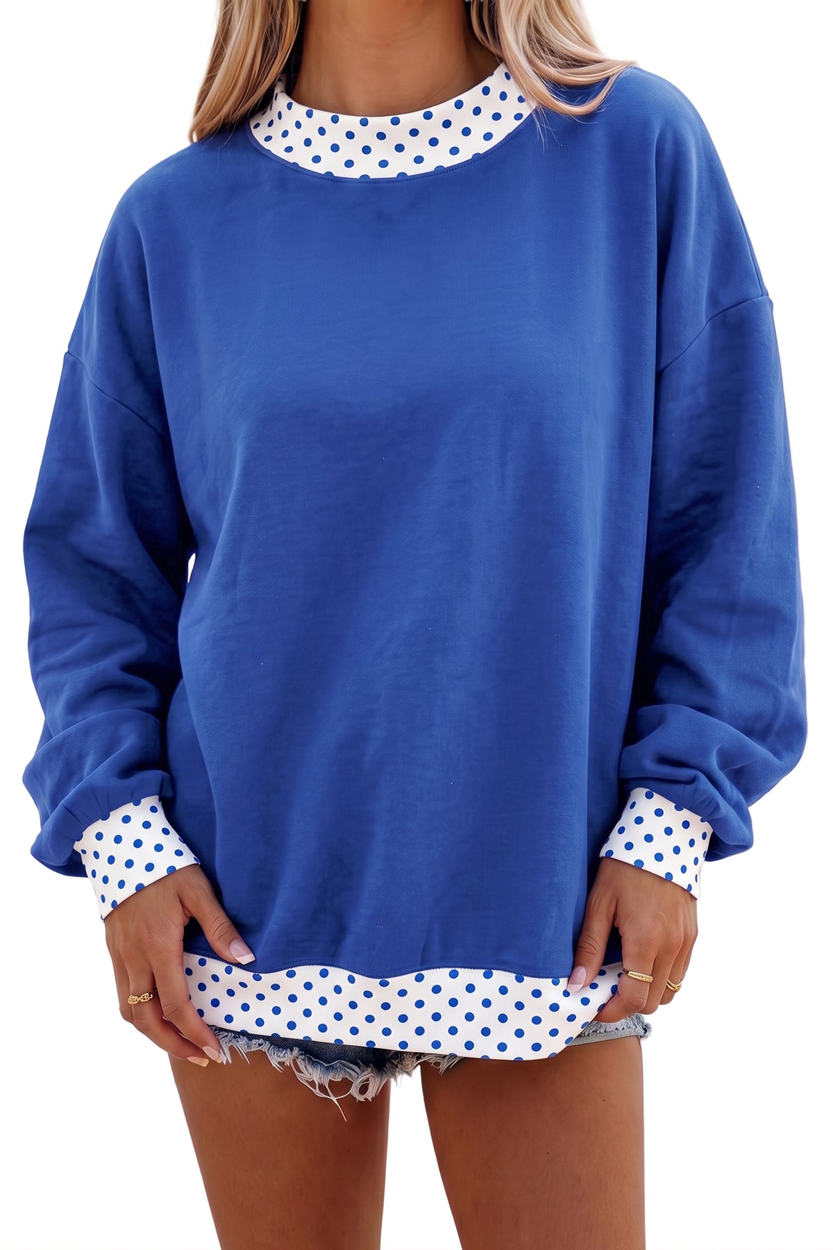 Red Dahlia Colorblock Polka Dot Contrast Trim Oversized Sweatshirt