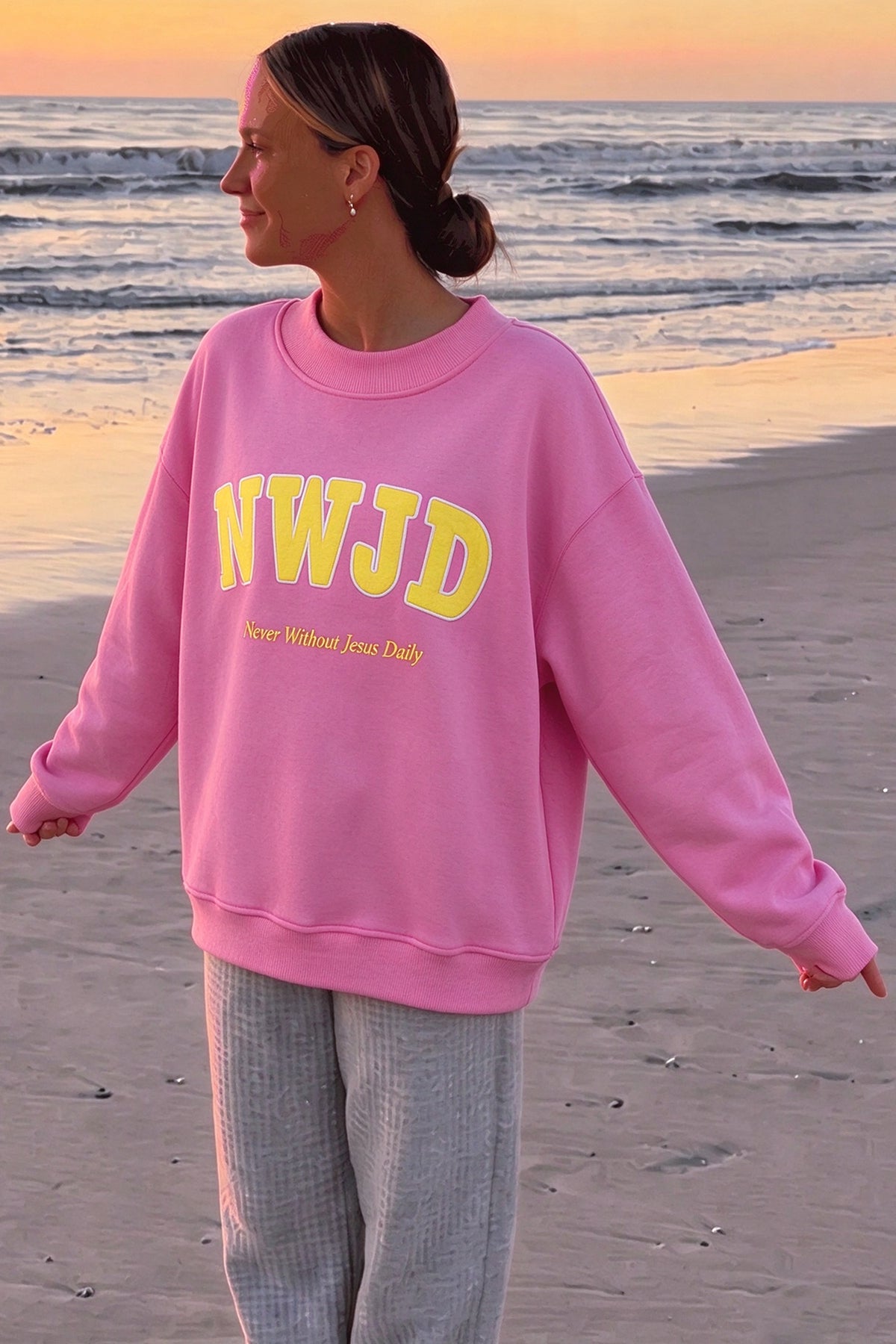 Yellow WWJD Embroidered Trim Slogan Graphic Mock Pullover Sweatshirt