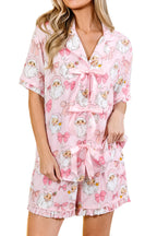 Pink Santa Print Paneling Shift Silhouette Short Sleeve Lounge Set