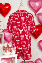 Red Sweet Bow Print Ruffled Short Sleeve Shirt Shorts 2pcs Pajama Set