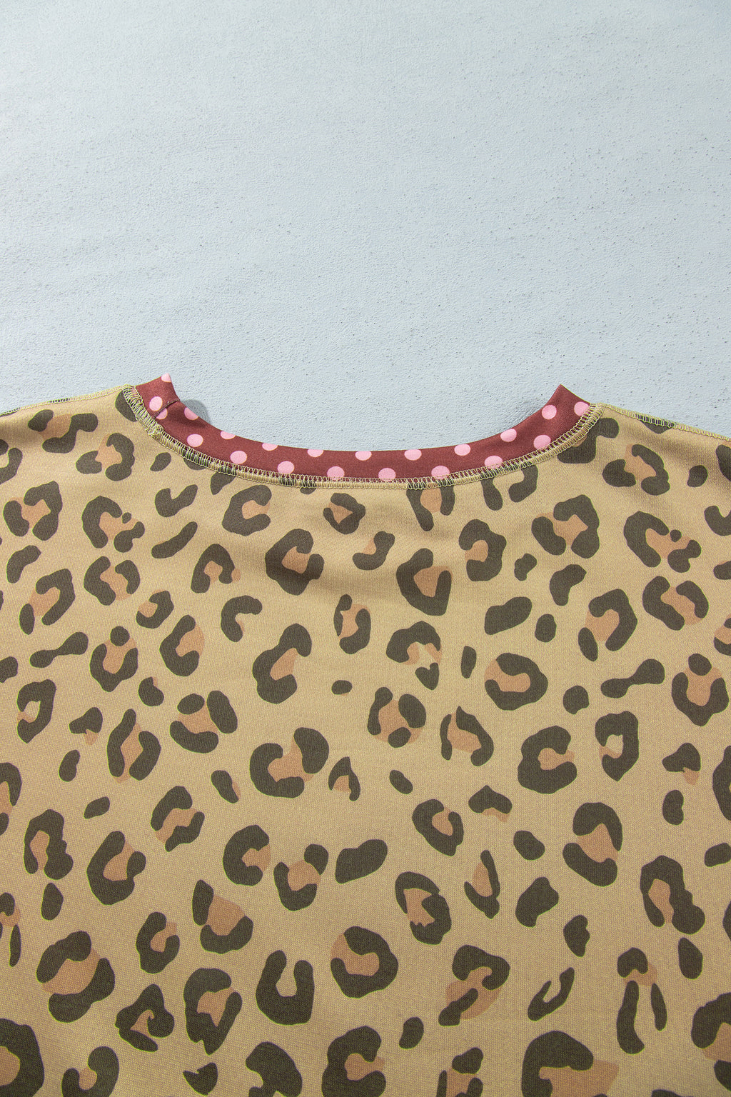 Khaki Plus Size Leopard Print Contrast Polka Dot Trim Long Sleeve Top