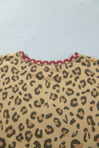 Khaki Plus Size Leopard Print Contrast Polka Dot Trim Long Sleeve Top