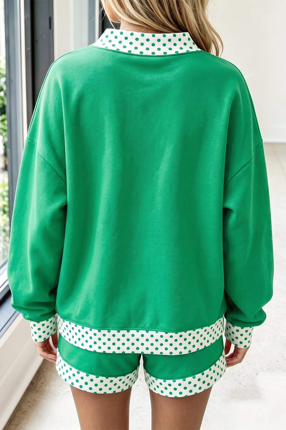 Evergreen Polka Dot Trim Baggy Pullover 2pcs Short Set
