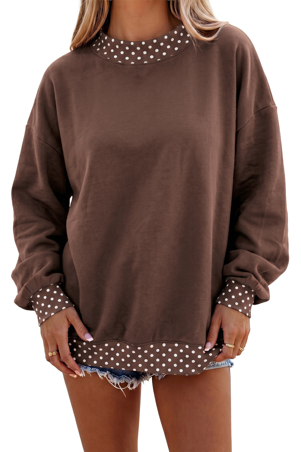 Red Dahlia Colorblock Polka Dot Contrast Trim Oversized Sweatshirt