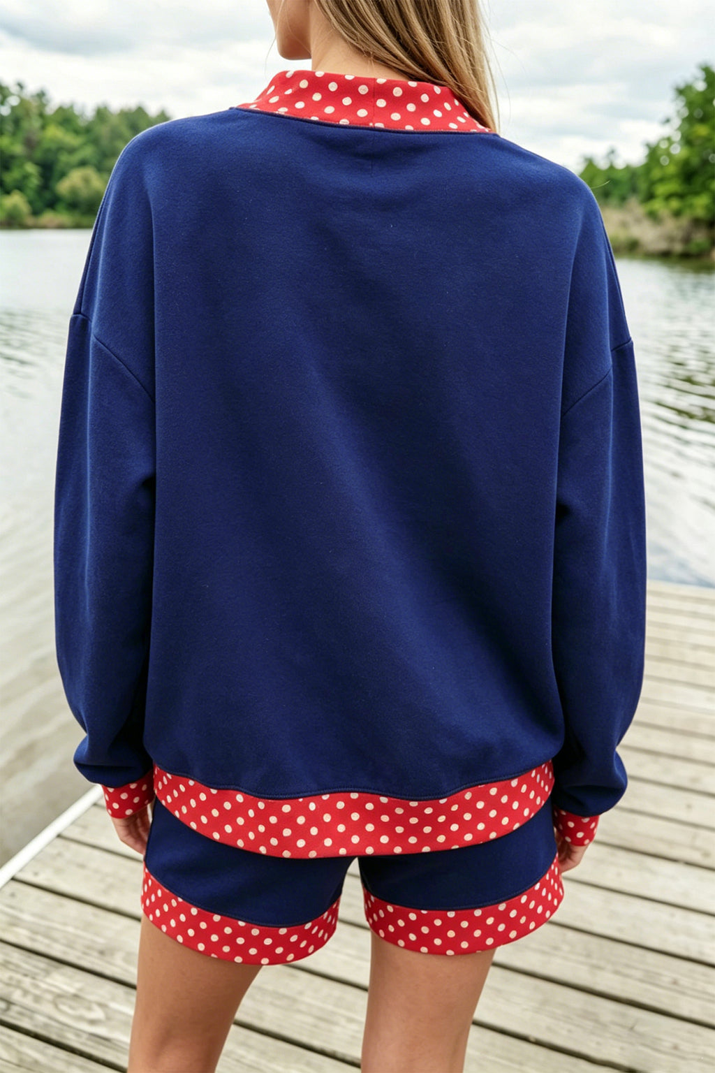 Evergreen Polka Dot Trim Baggy Pullover 2pcs Short Set