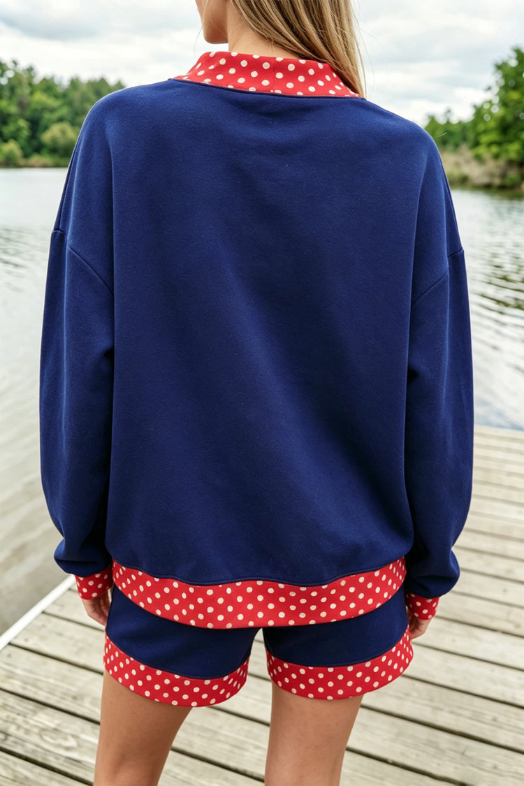 Evergreen Polka Dot Trim Baggy Pullover 2pcs Short Set