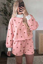 Yellow Polka Dot Ribbed Trim Long Sleeve Top Casual Short Set