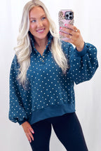 White Polka Dot Print Metal Button Collar Casual Pullover Sweatshirt