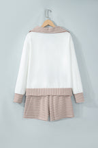 Khaki Stripe Color Block Patchwork Long Sleeve Top Drawstring Shorts Set