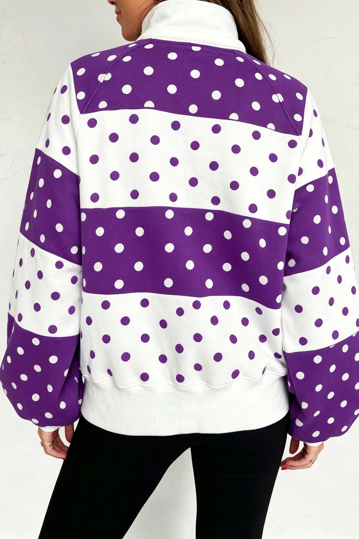 Red Polka Dot Colorblock Half Zip Puff Sleeve Pullover Sweatshirt