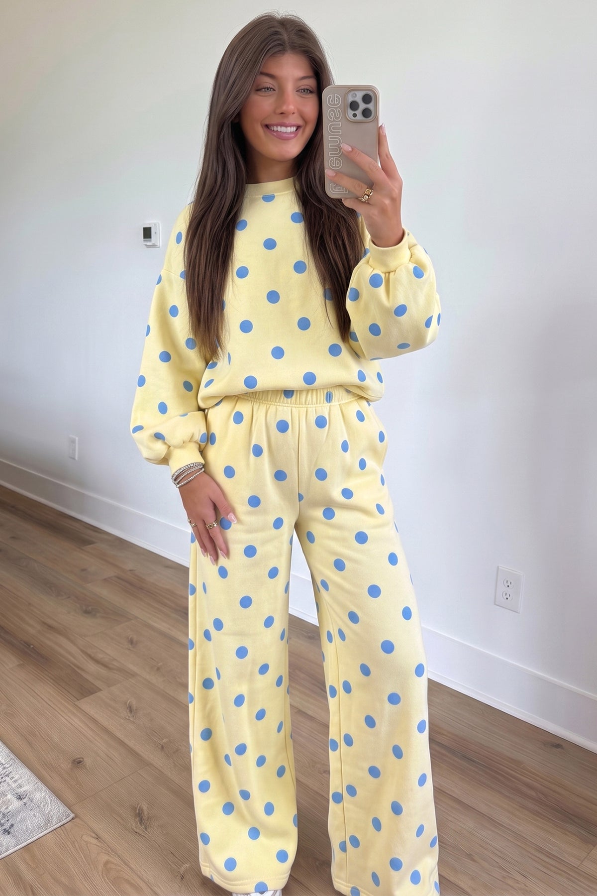 Pink Polka Dot Puff Sleeve Top Casual Pants 2pcs Set