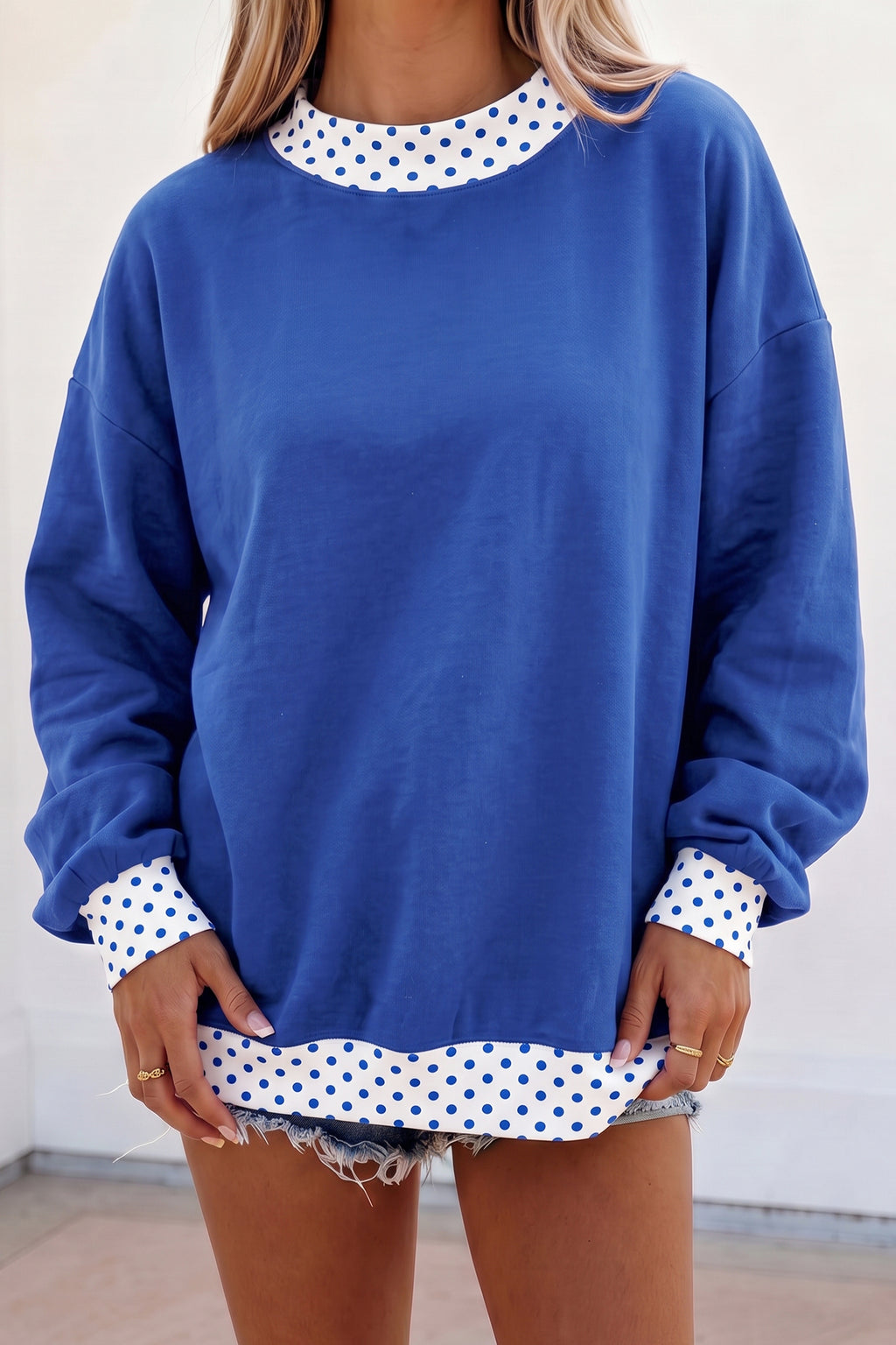 Red Dahlia Colorblock Polka Dot Contrast Trim Oversized Sweatshirt
