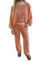 Orange Stripe Textured Contrast High Neck Long Sleeve Top Elastic Waist Pants 2pcs Set
