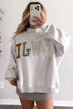 Gray WWJD Mixed Pattern Embroidered Patch Graphic Mock Neck Sweatshirt