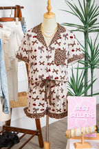 White Chic Bow Cherry Printed Leopard Contrast Patchwork Shirt Drawstring Shorts 2pcs PJ Set