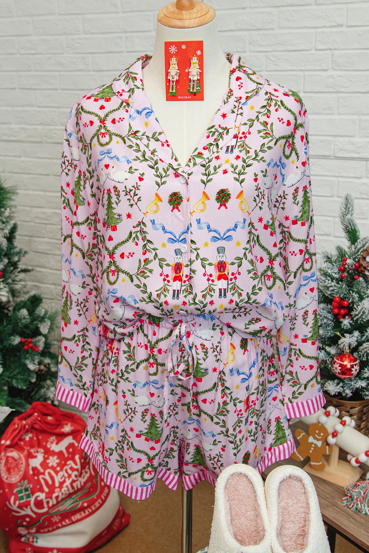 Pink Christmas Holiday Print Nutcracker Long Sleeve Shorts 2pcs Pajama Set