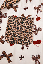 White Chic Bow Cherry Printed Leopard Contrast Patchwork Shirt Drawstring Shorts 2pcs PJ Set