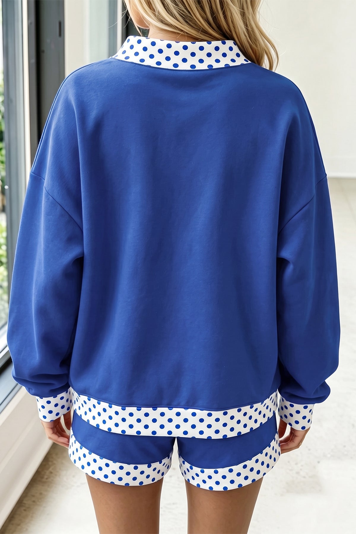 Evergreen Polka Dot Trim Baggy Pullover 2pcs Short Set