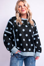 Black Polka Dot Contrast Patchwork Round Neck Baggy Sweatshirt