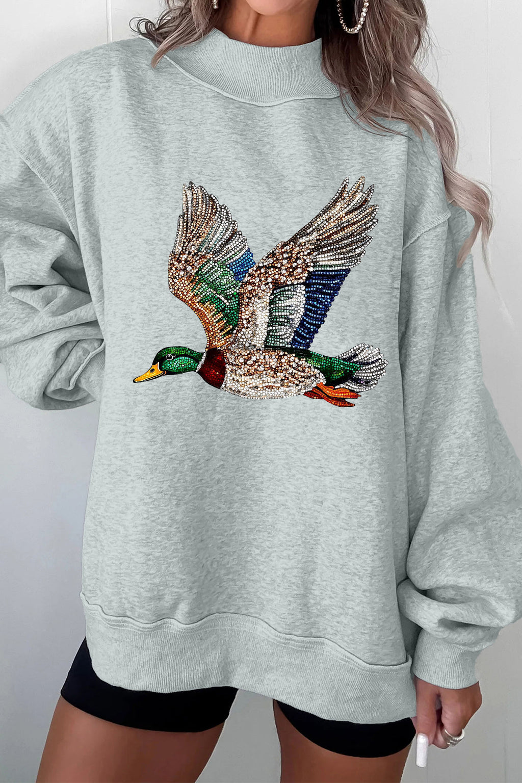 Gray Western Style Mallard Duck Printed Graphic Baggy Mock Neck Sweatshirt