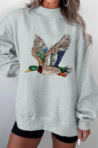 Gray Western Style Mallard Duck Printed Graphic Baggy Mock Neck Sweatshirt