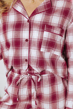 Red Retro Plaid Long Sleeve Shirt Drawstring Shorts 2pcs Lounge Set
