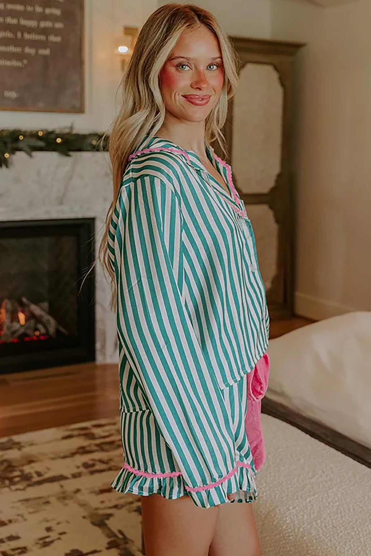 Green Stripe Contrast Ricrac Trim Long Sleeve Shirt Drawstring Ruffled Pajama Short Set