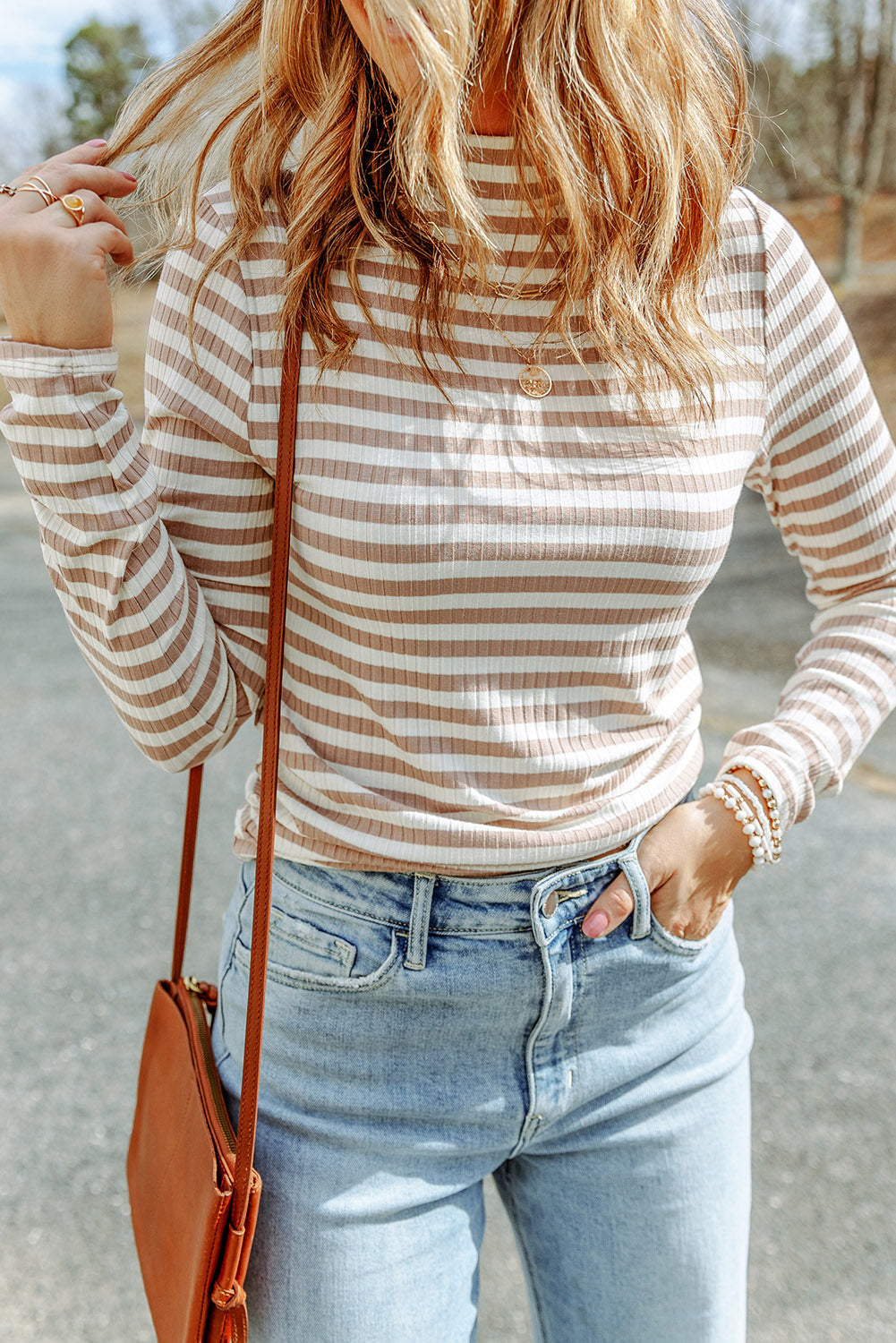 Black Striped Print Textured Knit Long Sleeve Tee