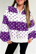Red Polka Dot Colorblock Half Zip Puff Sleeve Pullover Sweatshirt
