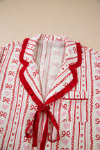 Red Sweet Floral Heart Bow Print Contrast Trim Long Sleeve Shirt Pajama Short Set