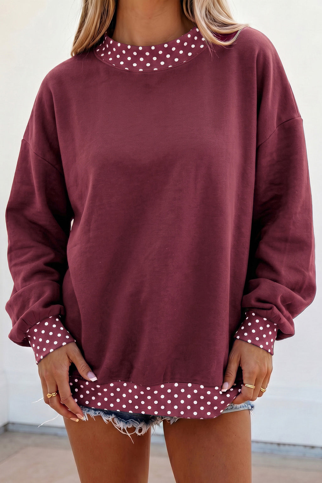 Red Dahlia Colorblock Polka Dot Contrast Trim Oversized Sweatshirt